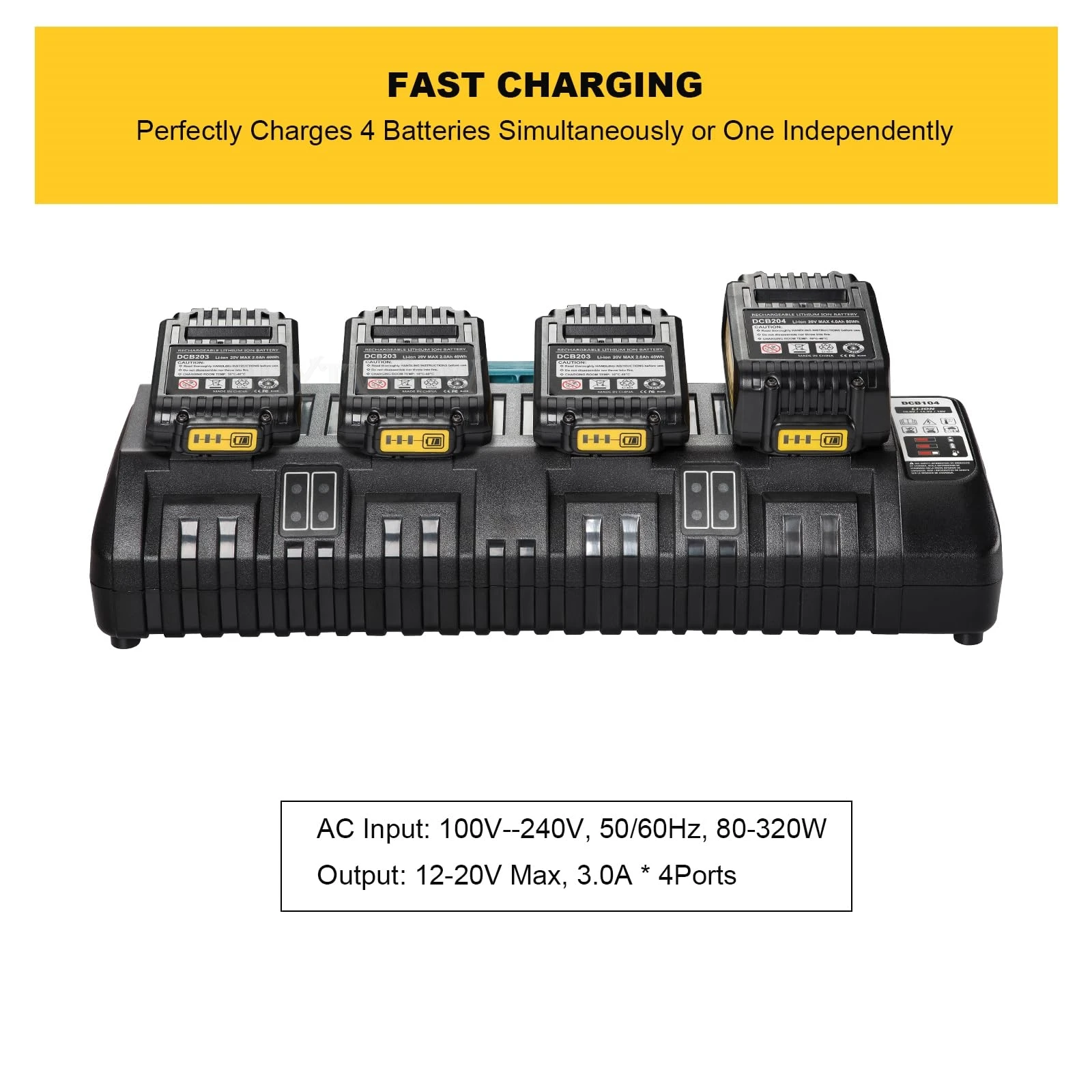 4portová nabíječka baterií kompatibilní s Dewalt 20V Li-ion bateriemi, rychlonabíjecí stanice pro nabíječku Dewalt, 2 USB porty - náhled 3