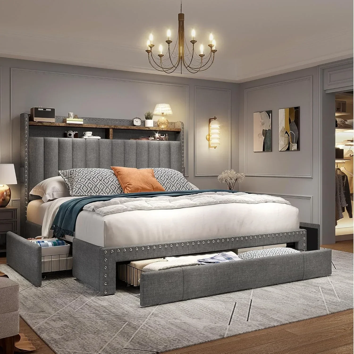 

Каркас кровати Queen size, двухуровневое изголовье для хранения, каркас кровати на платформе с мягкой обивкой, полный размер с 3 ящиками, с местом для хранения вещей