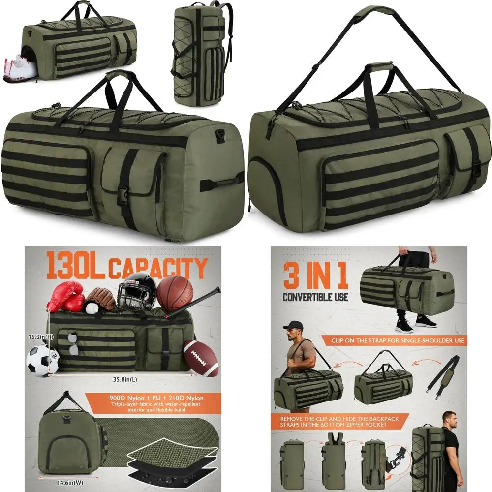 

Сверхбольшая дорожная сумка-трансформер 3-в-1 для мужчин, усиленная, с отделением для обуви, тактическими креплениями, идеально подходит для спорта и путешествий