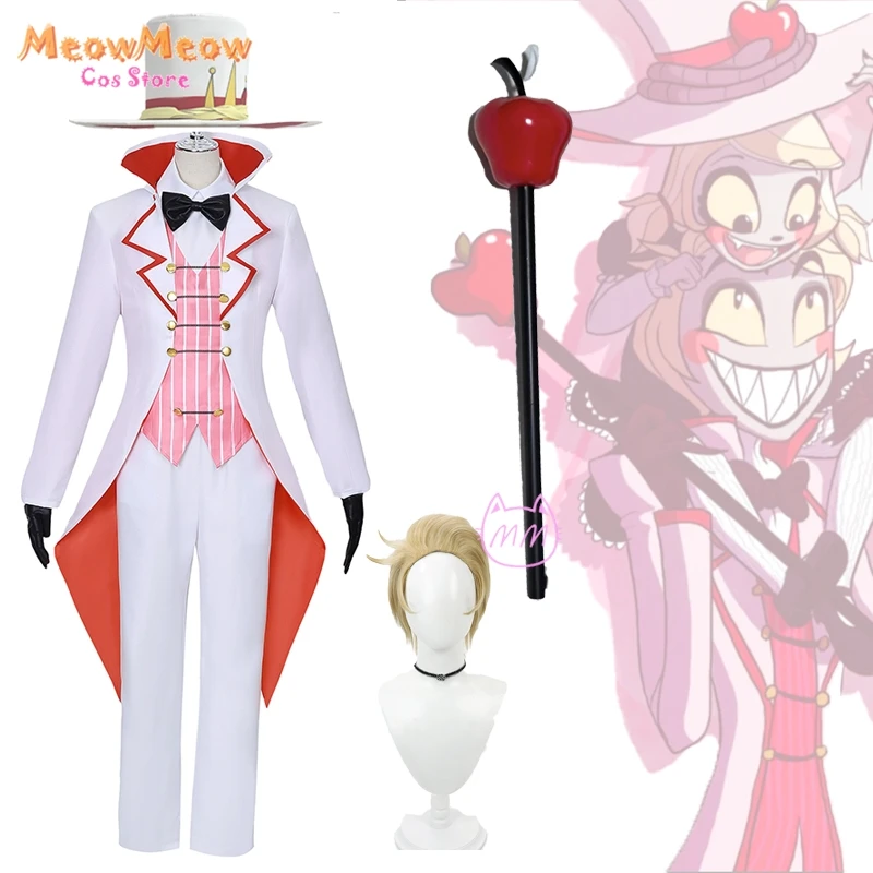 Hazbin Lucifer Morningstar Cosplay Costume Wig Hat Suit Halloween Anime Cosplay Party Demon White Outfit Prop Apple Daddy Cane