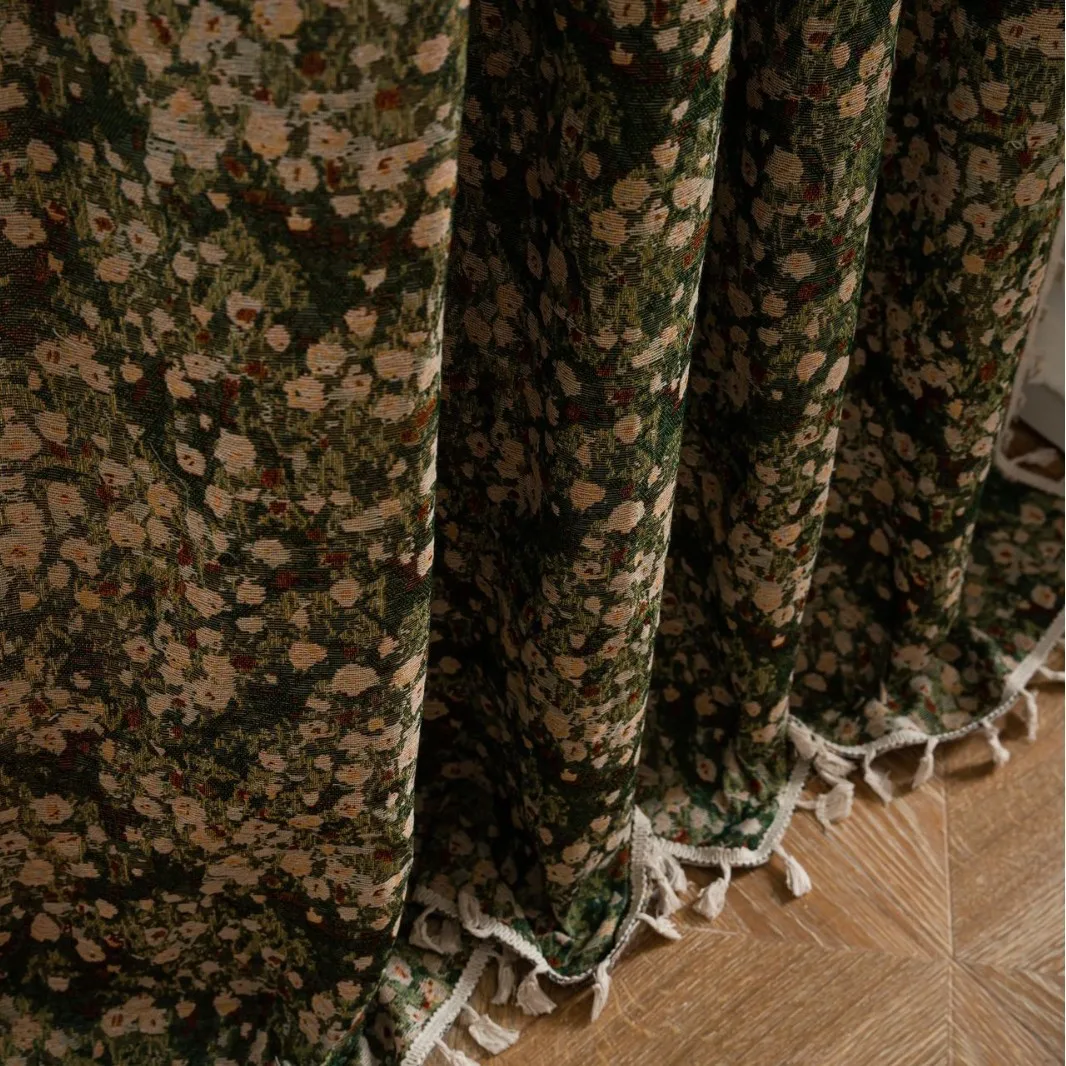 Retro-Style Thickened Fresh Light Curtains Semi-Blackout Green Oil Painting Pattern Curtain for Home Decor