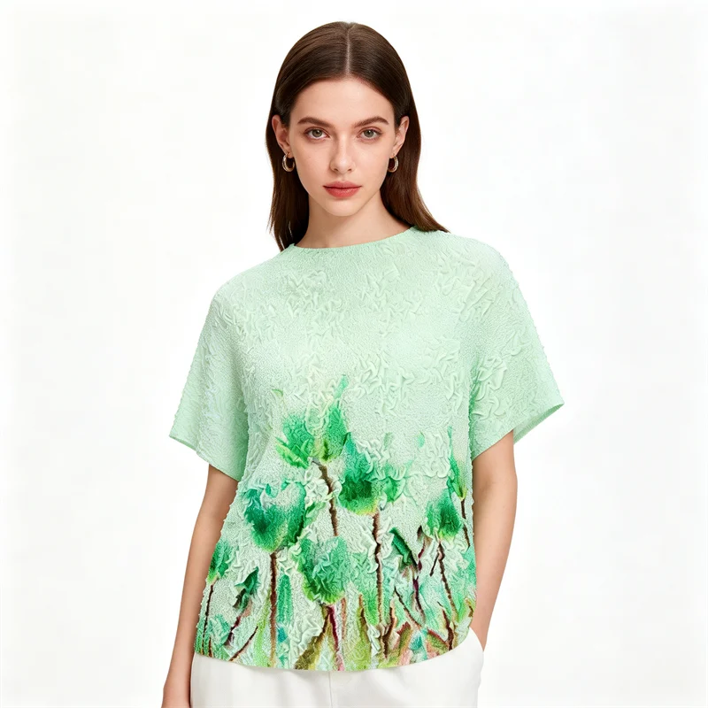 

Miyake Pleated Women's Casual Tops 2026 New Japanese Design Printed High Quality Round Neck Short-sleeved T-shirt for Women