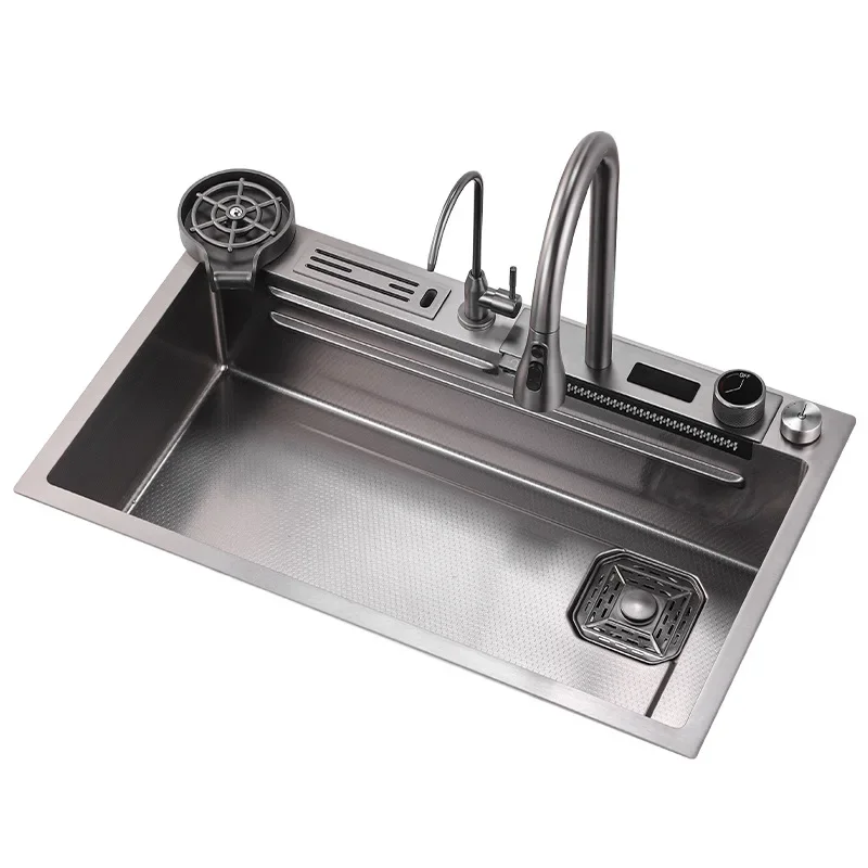 Fregadero de cascada de acero inoxidable 304 para cocina, grifo grande de una sola ranura con toque multifunción, sobre la encimera