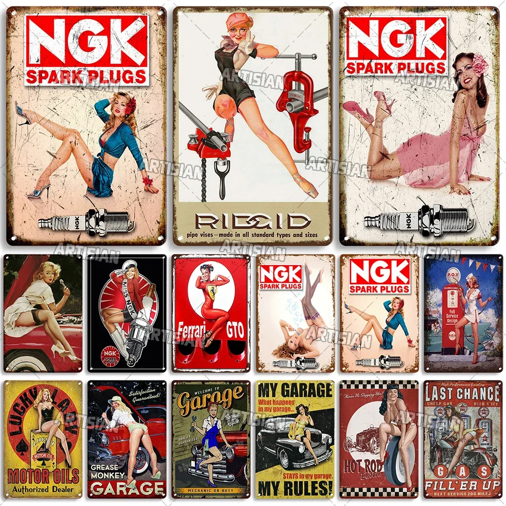 لافتة قصدير معدنية مثيرة للفتيات ، دبوس ، فتاة NGK ، لوحة جراج ، منزل ، بار ، نادي ، ديكور صناعي صدئ ، ملصق لوحة معدنية
