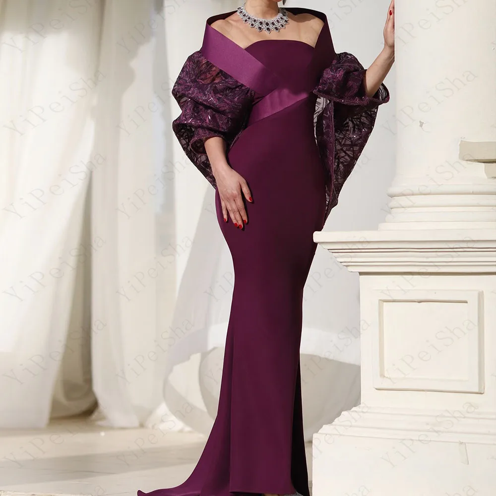 Customized Mermaid Prom Dresses Floor-Length Off The Shoulder Half Sleeve Evening Gown Fashion Sequined Simple Draped Party Gown