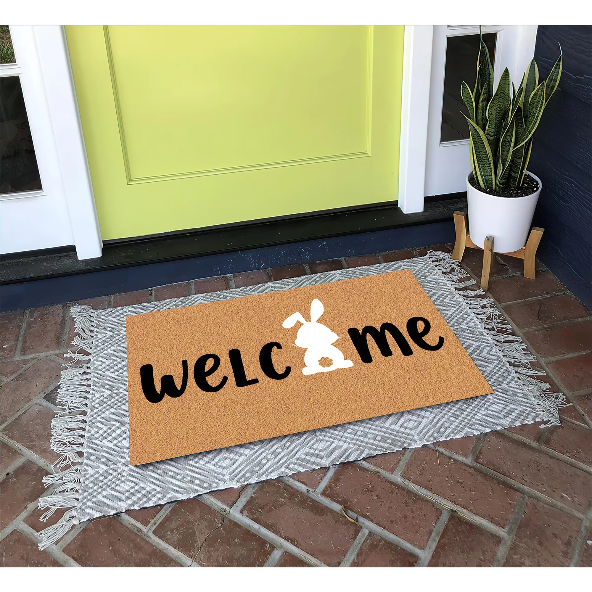 Cute Bunny Silhouette Welcome Doormat Non-Slip Rabbit Front Door Mat for Easter Spring Entryway Decor Low-Profile Floor Rug