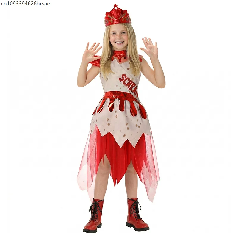 Mädchen Red White Scream Queen Prom Suit Cosplay Scary Costume Bloody Zombie Princess Stage Performance Fancy Dress Up