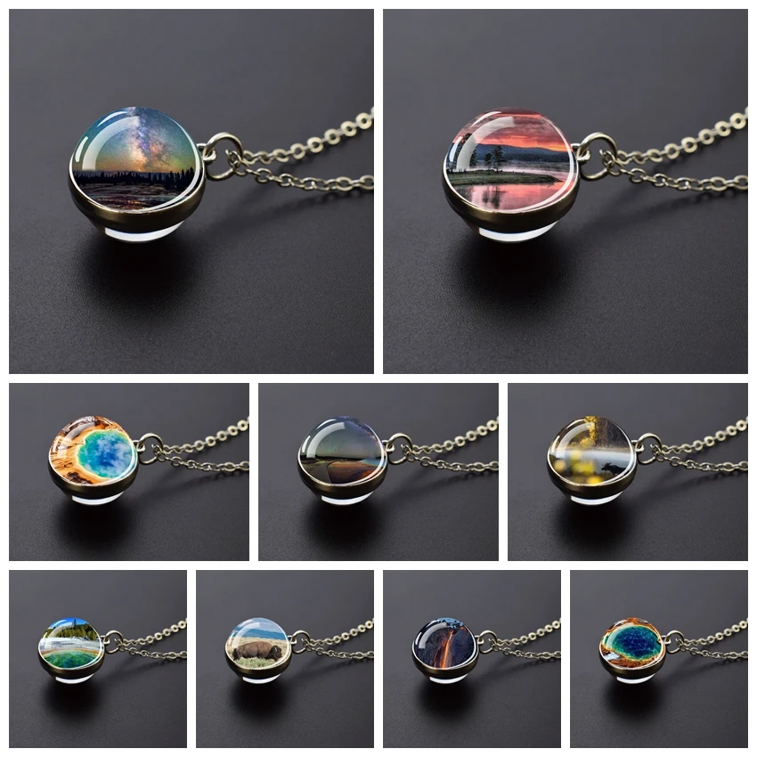 Yellowstone Park Double Sided Glass Ball Necklace Pendant Jewelry Festival for Women Gift