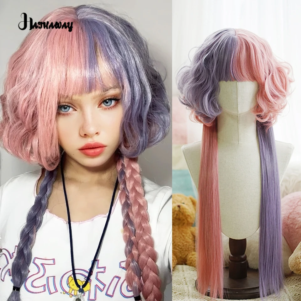 

28 Inch Jellyfish Head Long Hair Synthetic Pink Purple Stitching Lolita Cosplay Lolita Jellyfish Head Wig Party Halloween Wig