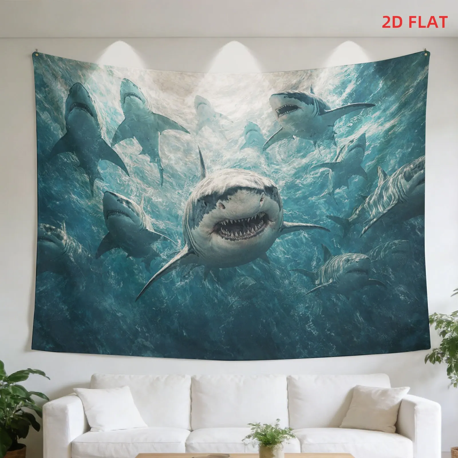 Underwater Shark Swarm Tapestry with Open Jaws and Sharp Teeth 150x100cm Wall Decor