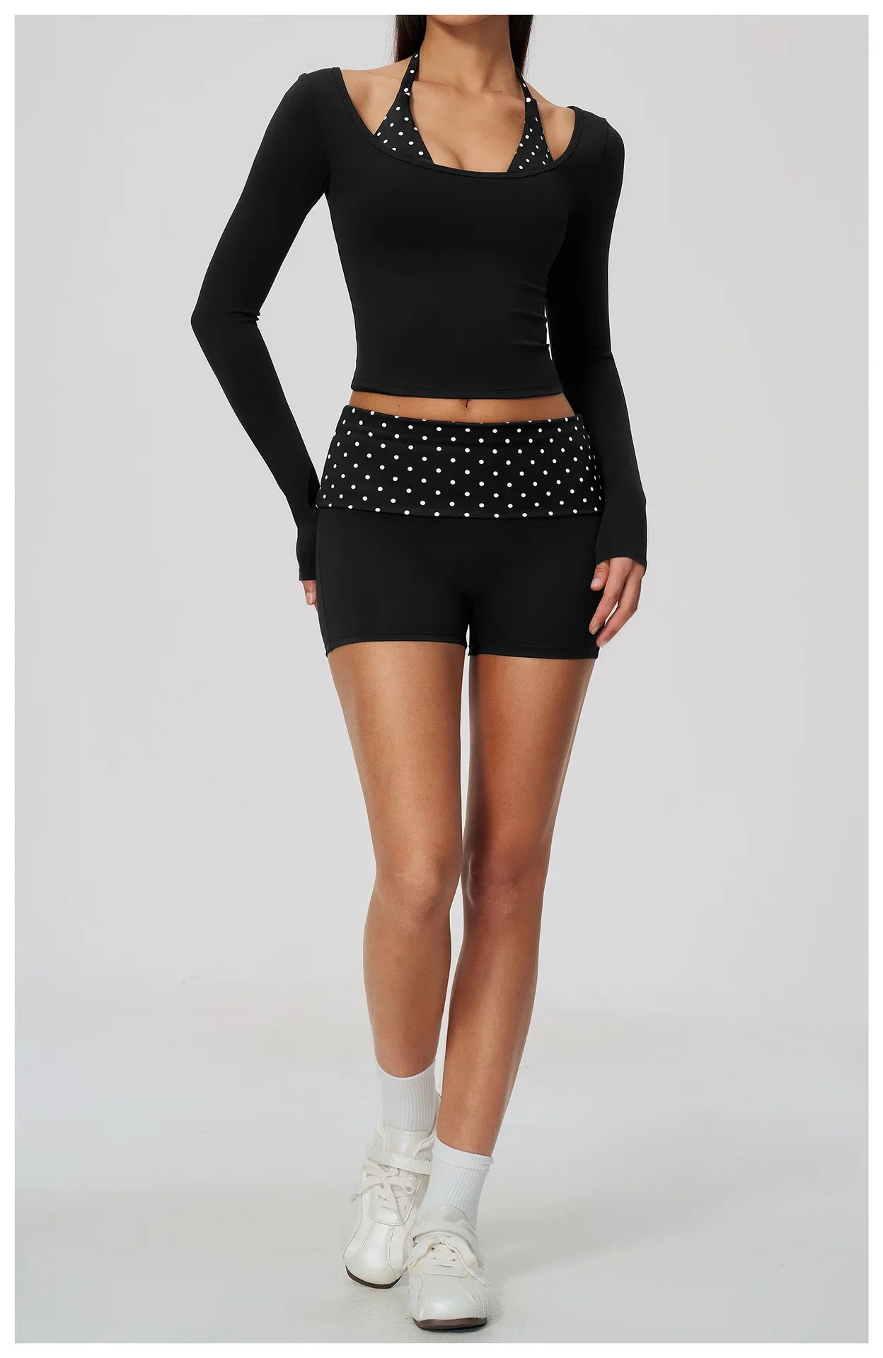 Yoga Langarm-Fitness-Top, Gym-Workout, Damen-Top mit Neckholder, Streifenmuster, kurzes, aktives Shirt, atmungsaktiv, für Sport und Training – Detail 16