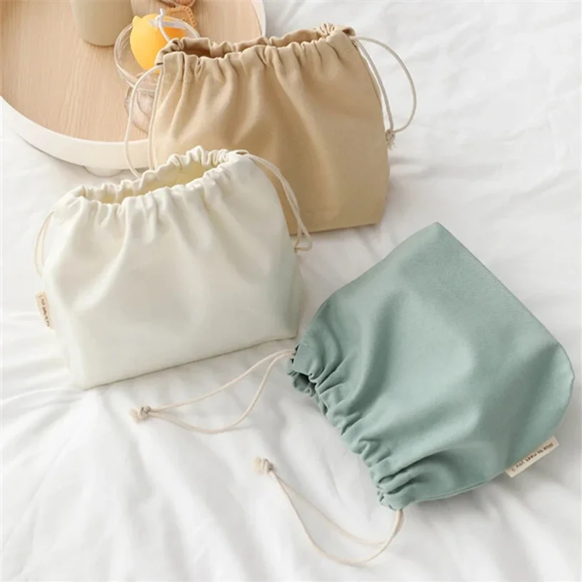 Plain Canvas Drawstring Bag Stereoscopic Design Storage Pouch With Inner Pocket For Daily Sundries