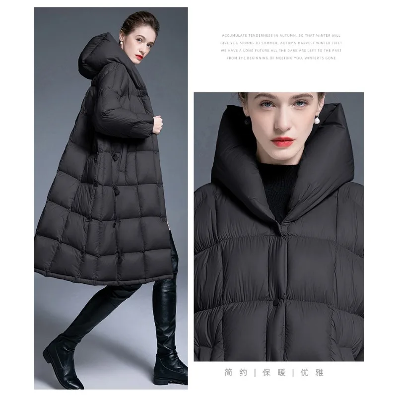 Luxury High Quality Winter New White Duck Down Women's Long Down Jacket Quilted Hooded Trench Coat Thick Loose A-Line Outerwear