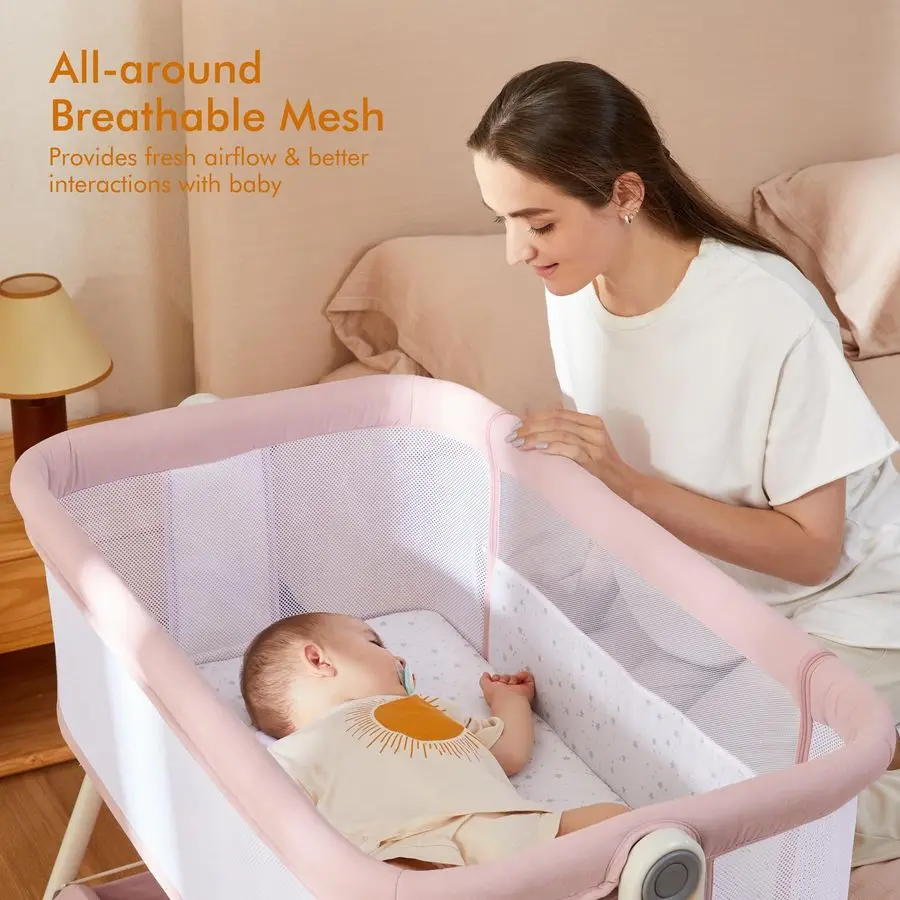 Baby Bassinet Bedside Sleeper, Easy Folding Portable Bassinet for Baby Girl with Wheels, Adjustable Height, Included Mattress Pi