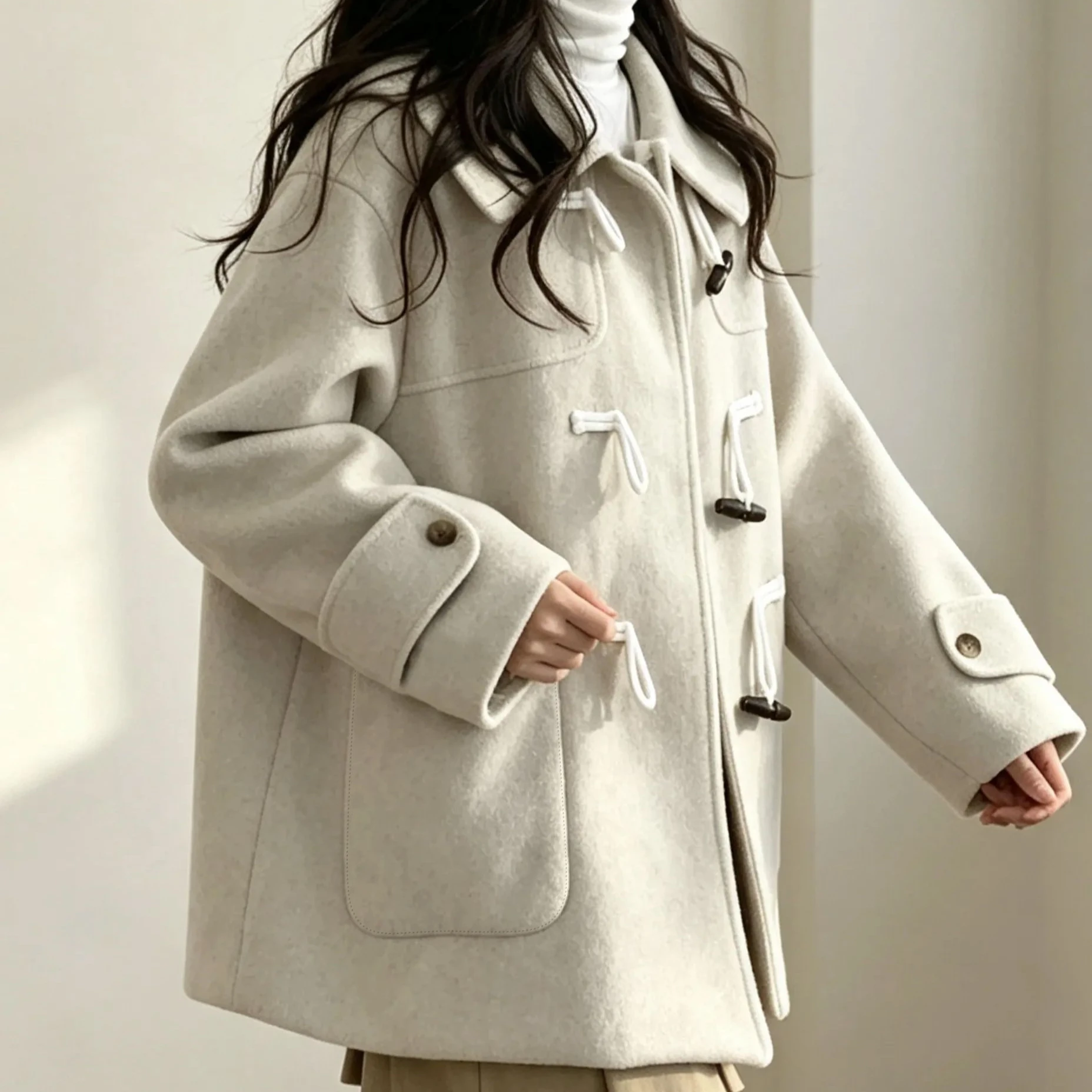 Fall Winter Women Beige Duffle Coat, Lapel Horn Button Oversized Wool Blend Short Coat with Pockets