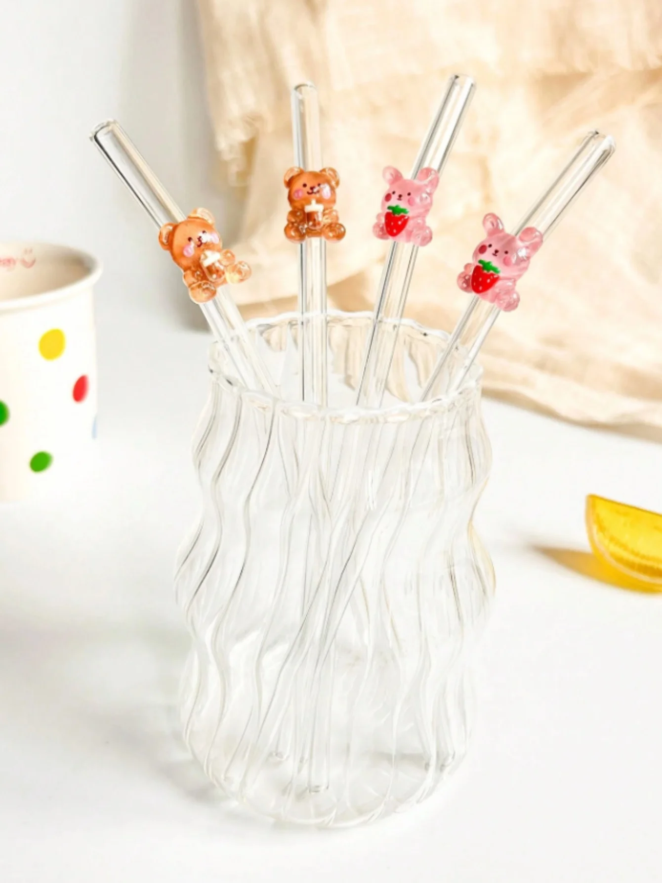 Juego de pajitas de cristal de oso y conejo, pajitas dobladas reutilizables para té, cócteles y bebidas heladas, regalo romántico para tiendas de postres, 1/3/5 Uds.