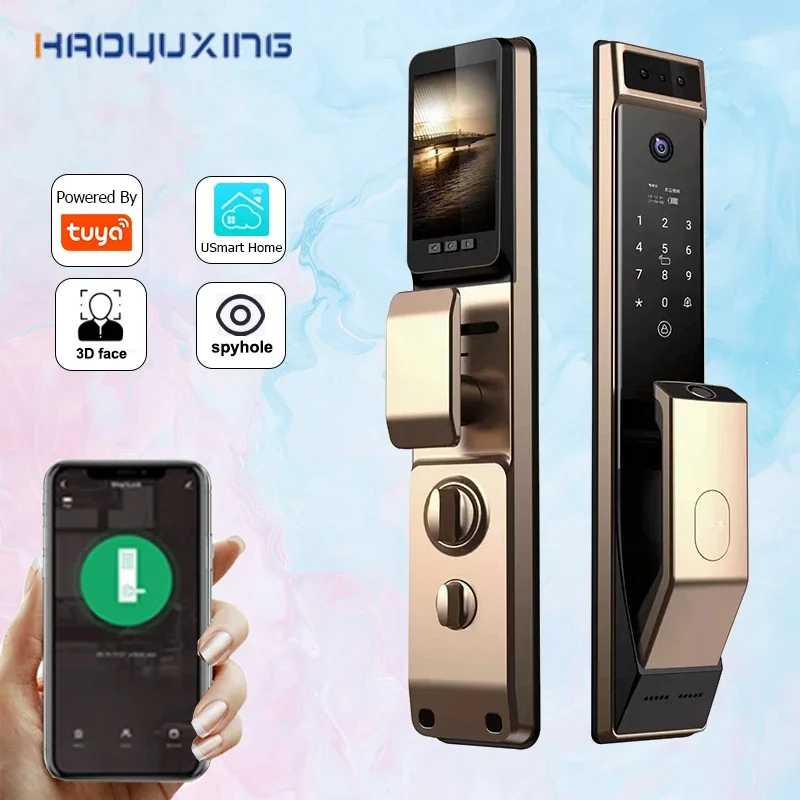 High quality electronic 3D face recognition fingerprint keyless smart camera screen video master door lock