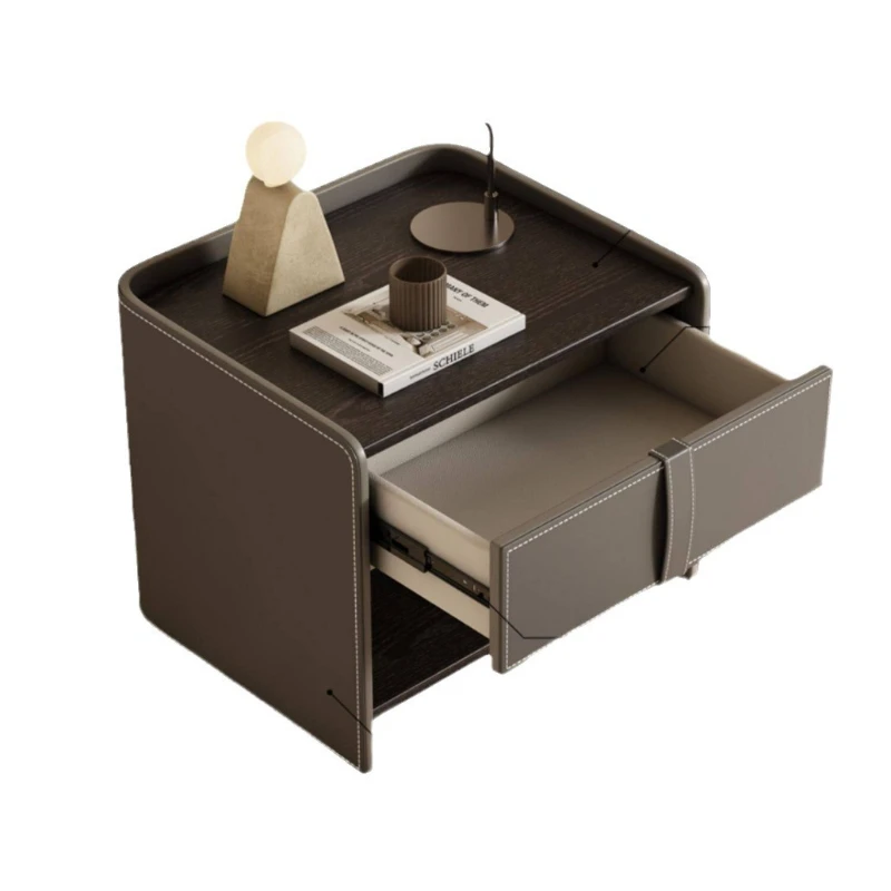 

Italian minimalist solid wood bedside table walnut bedroom saddle leather bedside cabinet