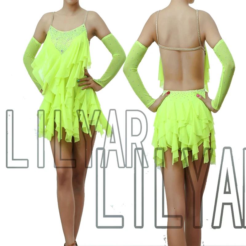 

LILYAR Latin Dance Competition Performance Adult Custom Children's Dance Dress Blue Lace Dress Flowing Dynamic