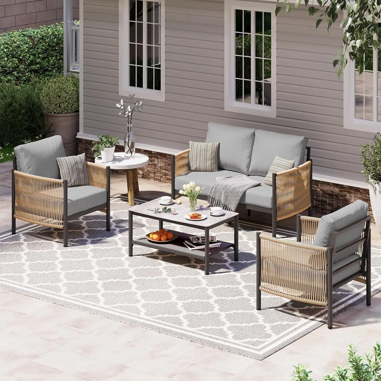 Aluminum Outdoor Patio Furniture Set with Dual-Layer Coffee Table, 4 Piece Modern Patio Conversation