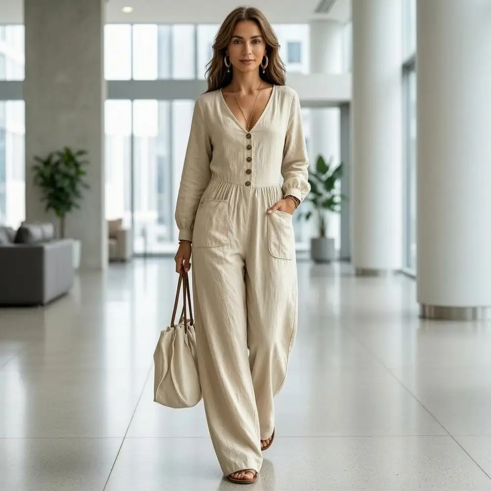 Women Solid Loose Jumpsuit Deep V Neck Button Pockets Long Sleeve Wide Leg Jumpsuits Casual Holiday Daily Elegant One Piece Set