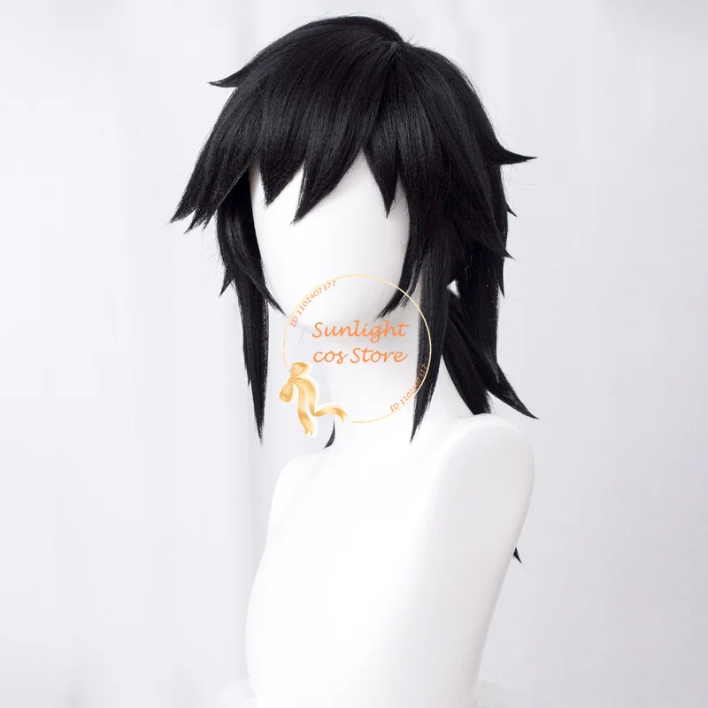 Anime Tomioka Giyuu Cosplay Pruik 40Cm Korte Zwarte Mannen Pruiken Hittebestendige Synthetische Pruik Halloween Party Pruik + Pruik Cap