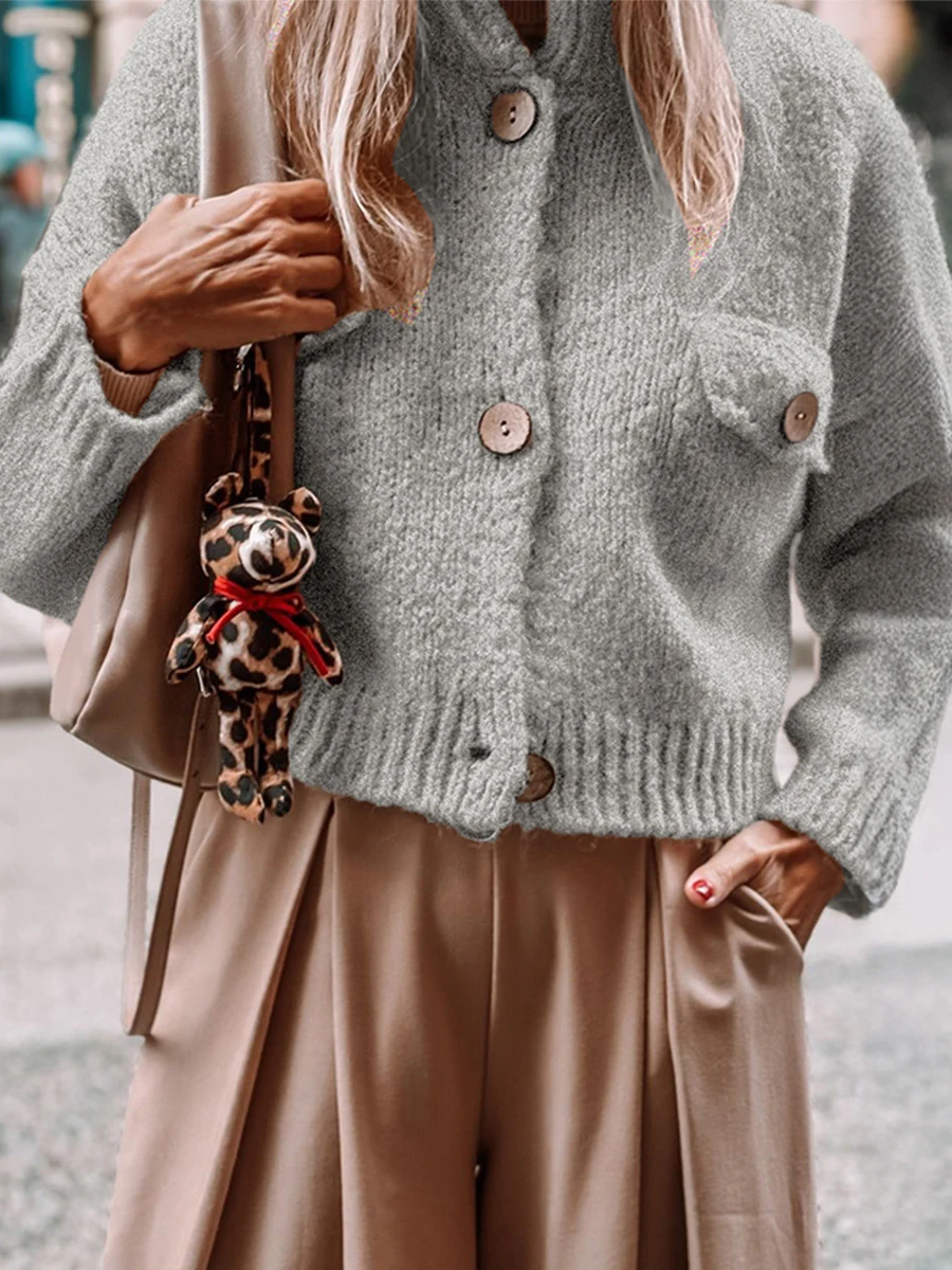 

Women's Solid Short Sweater Cardigan Autumn Stand Collar Single Breasted Knitwear Jumper Loose Casual Simple Long Sleeve Sweater