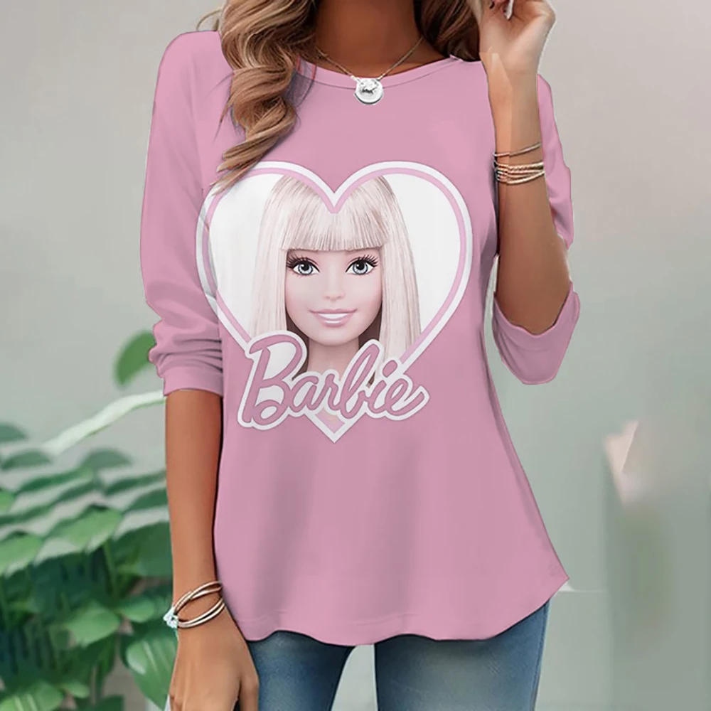 Colorful bright pattern trend T-shirt, Long sleeve spring and autumn Barbie Princess print fashion women's tees