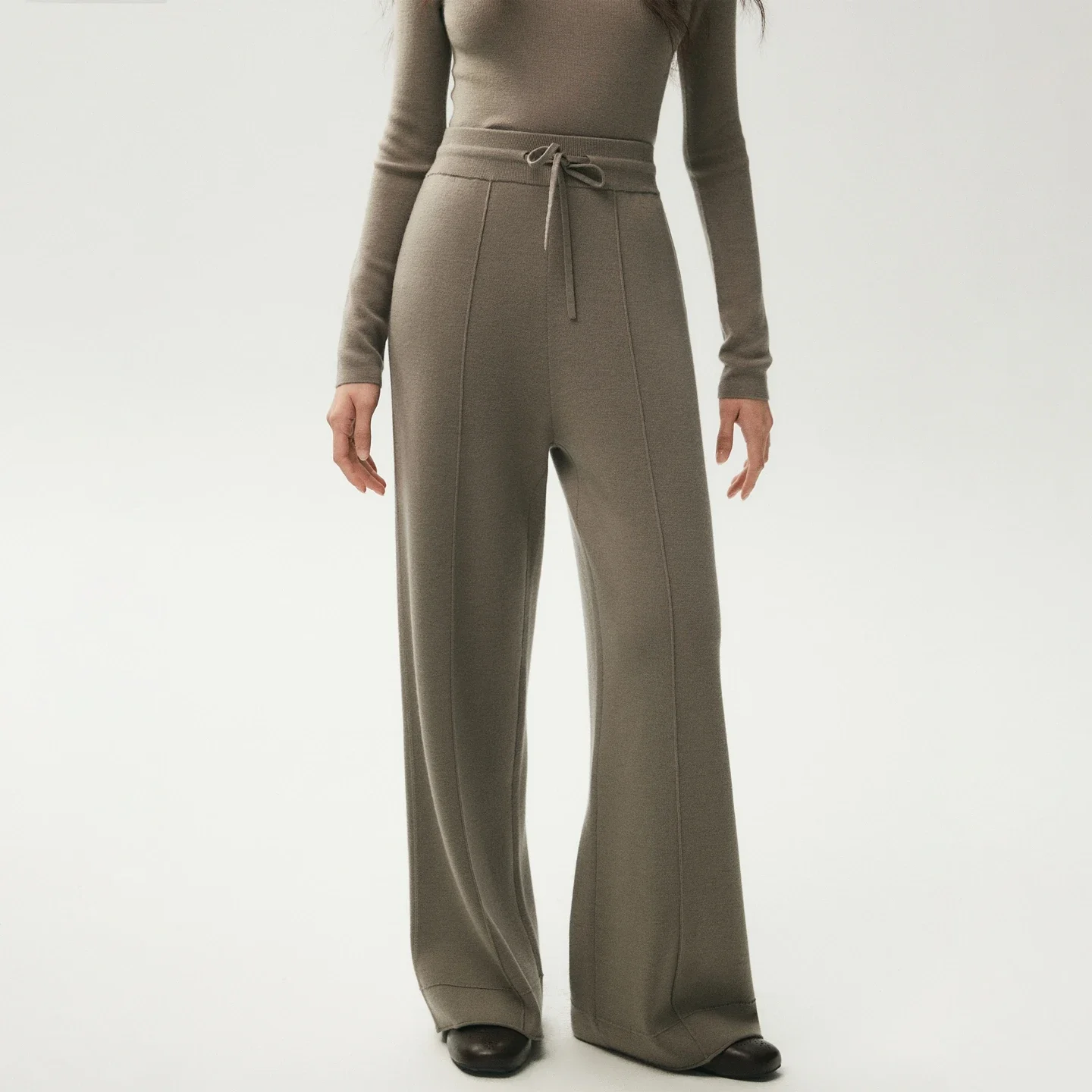 Tcyeek Autumn Winter Women 100% Worsted Wool Pants High Waist Wide Leg Pants Casual Basic Wool Knitwear Trousers