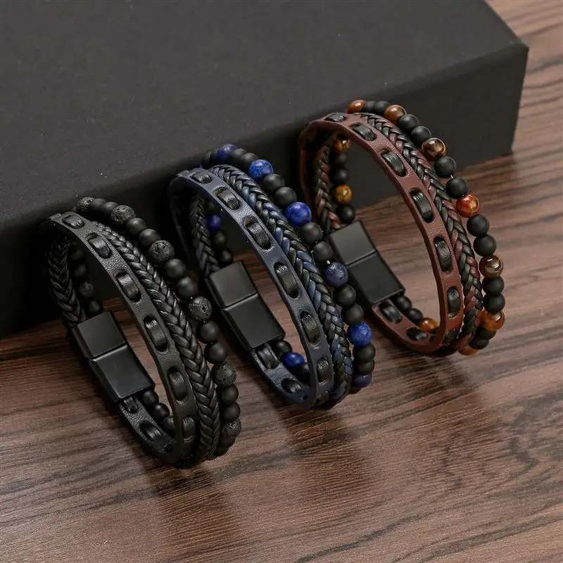 New High Quality Leather Bracelet Men Classic Fashion Multi Layer Tiger Eye Beaded Bracelet For Men Jewelry Gift