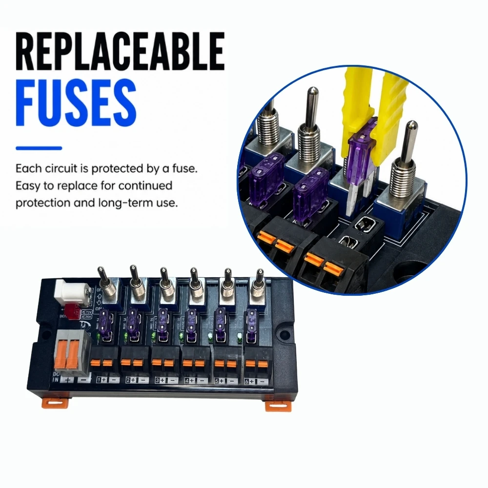 6 channels DC Rocker Switch Distribution Module Terminal Block, Independent Circuits with Fuse & LED Indicator