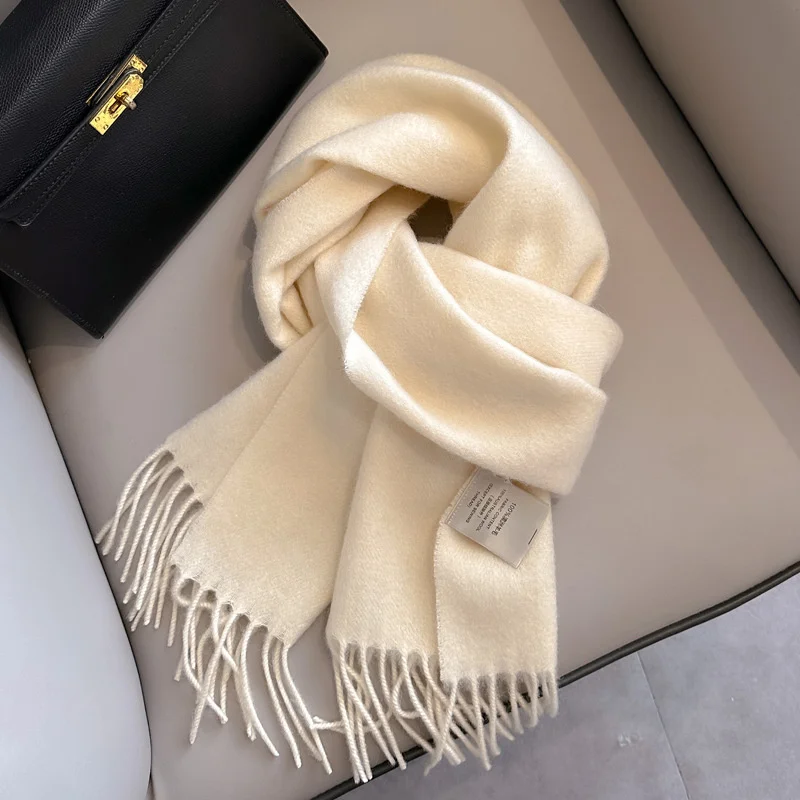 100% Wool Winter Luxury Cashmere Women Solid Scarf Warm Shawl and Wrap Bandana Pashmina Long Tassel Female Foulard Thick Blanket