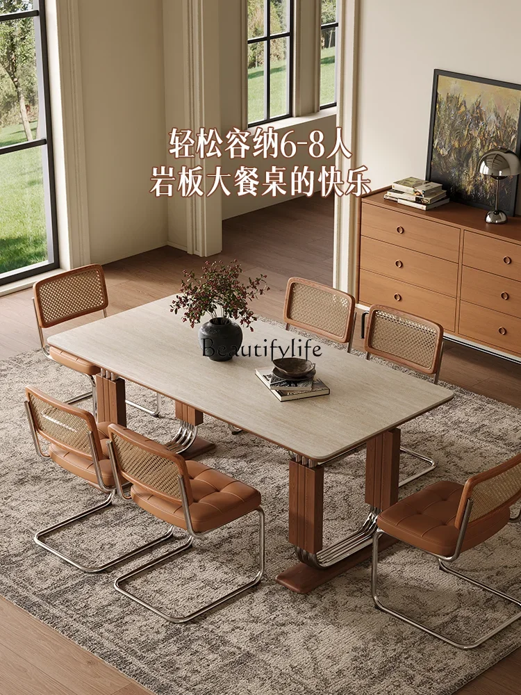 

yj5 Travertine Stone Plate Dining Table Rectangular Nordic Medieval Style Home Vintage Solid Wood Dining Table