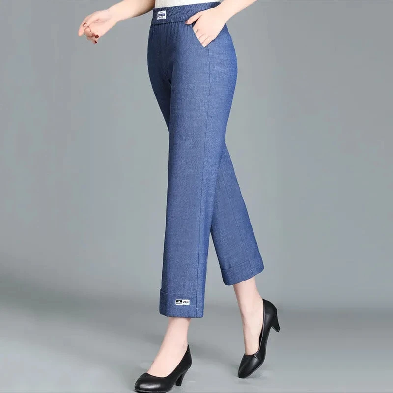 Ice Silk Denim Jeans Pants Women\'s Summer Thin Ankle-Length Pants Middle Aged Mother Elastic High Waist Straight Denim Pants 3XL