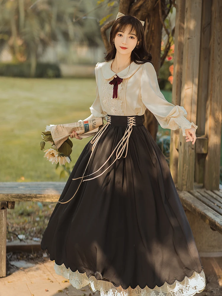 Lolita Style Two Piece Skirt Set Women Spring Autumn Long Sleeve Embroidery Bow Shirt and Lace Patchwork Skirts Outfits