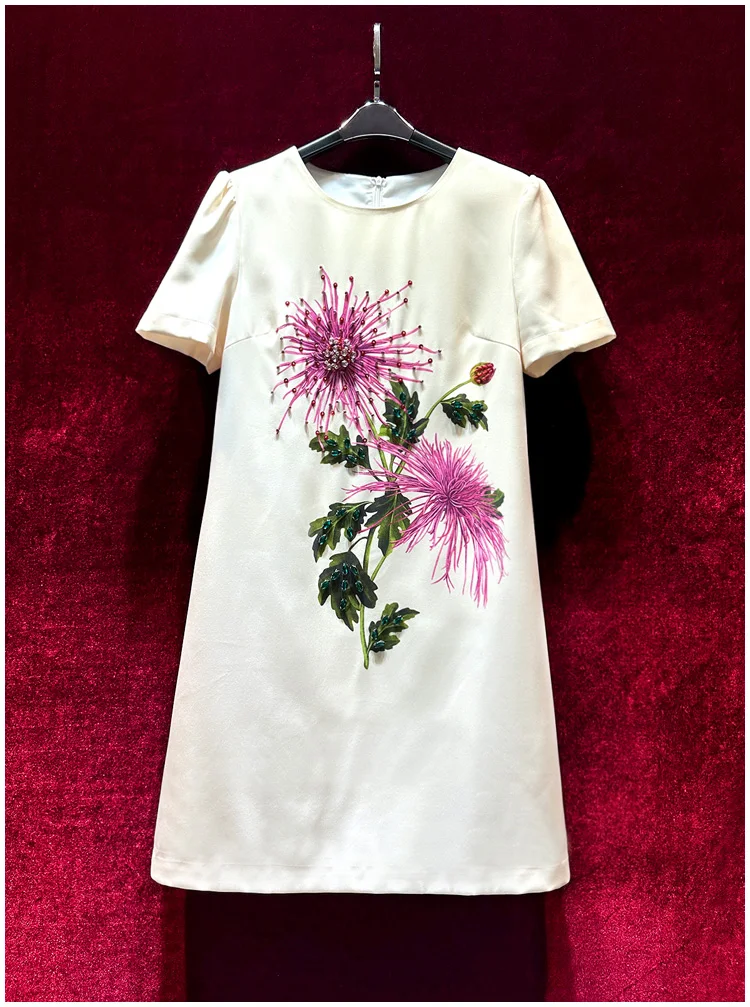 

Europe and the United States women's 2024 summer new Round neck Short-sleeved beaded chrysanthemum printing fashion Dress XXL