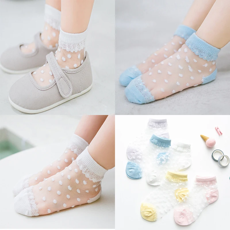 5 Pairs Summer Baby Girls Socks Lovely Dot Crystal Silk Kids Sock Children Toddler Girl Thin Mesh Breathable Elastic Lace Socks