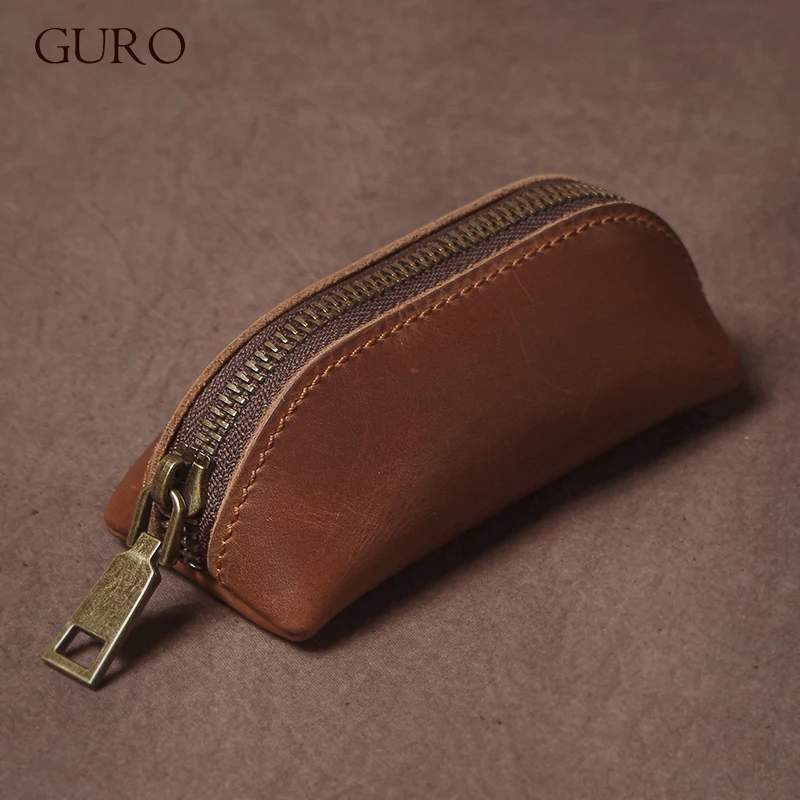 GURO Top Natural Cowhide Luxury Home Key Bags Men and Women Vintage Genuine Leather Car Key Pouch Butler Zipper keys organizer