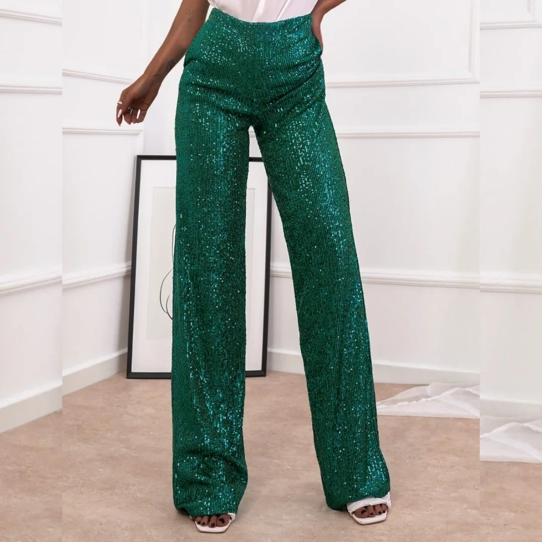 Fashionable Pure Color Sequin Casual Straight Leg Pants Women's Trendy Bright Sequin Flat Front Trousers Autumn Season