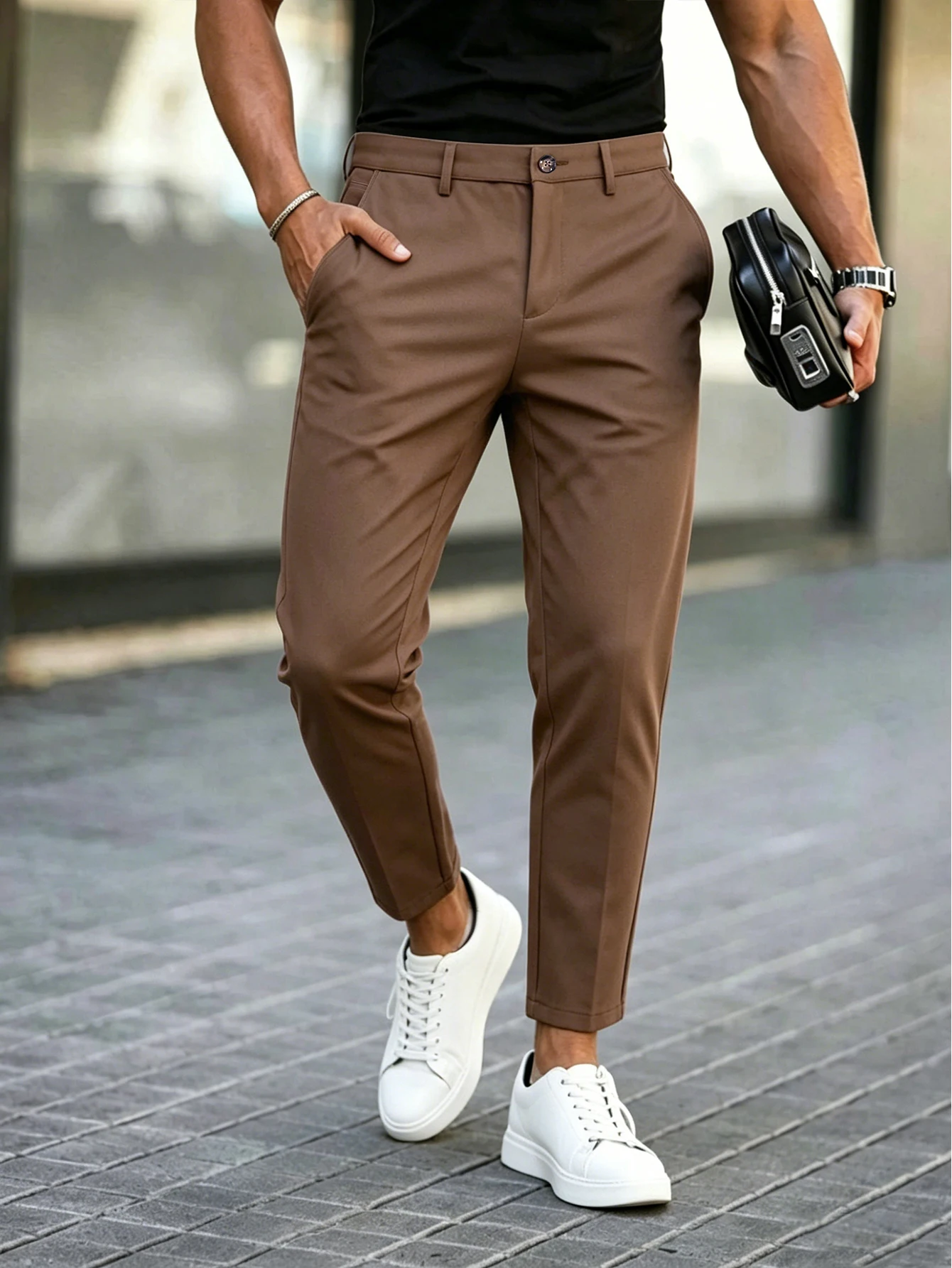 

Men's Tapered Cropped Dress Pants Polyester Slim Fit Business Casual Solid Ankle‑Length Trousers Brown Army Green Royal Blue