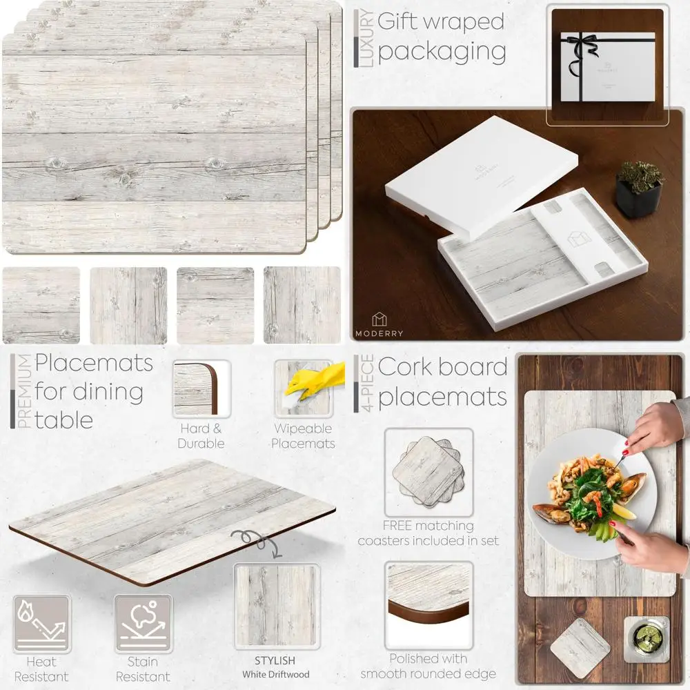 

Set of 4 Heat Resistant Cork Placemats for Dining Table with Free Set of 4 Matching Drink Coasters Cork Wood Design Print 16 x 1