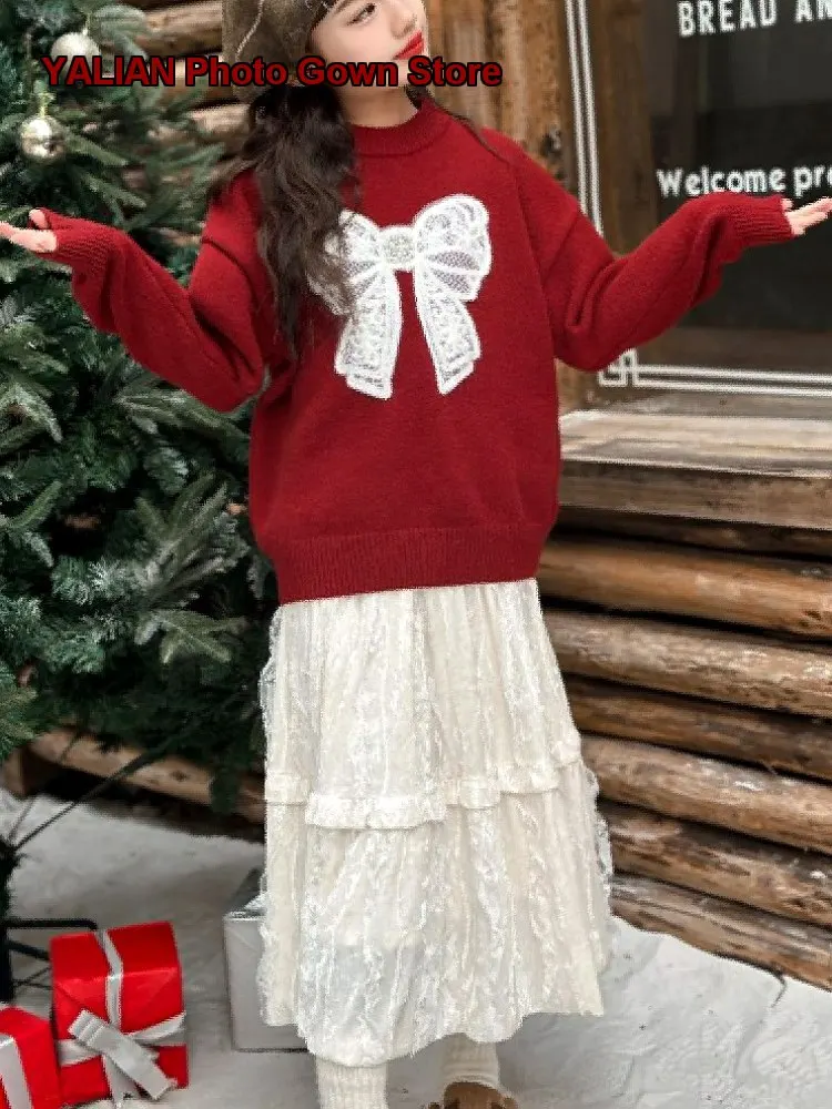 Girls Autumn Winter Stylish Bow Tie Top Solid Color Fleece Lined Warm Inner Knit Top Kids