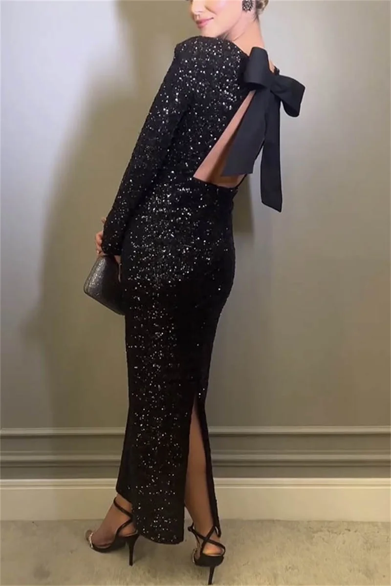 Robe de Soirée à Paillettes pour Femme, Tenue Fendue à Grand Nministériels d, Dos aux, Col Rond, Manches sulf, Nouvelle Collection en Stock