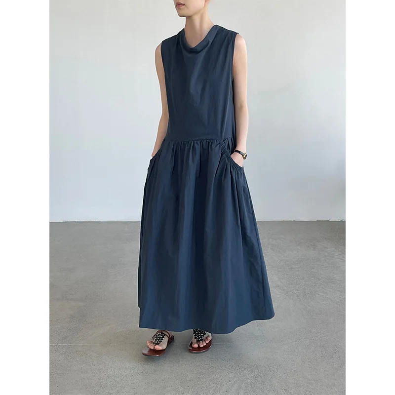 

High End Swing Collar Sleeveless Dress for Women 26 Summer Design Sense Pocket Loose A-line Long