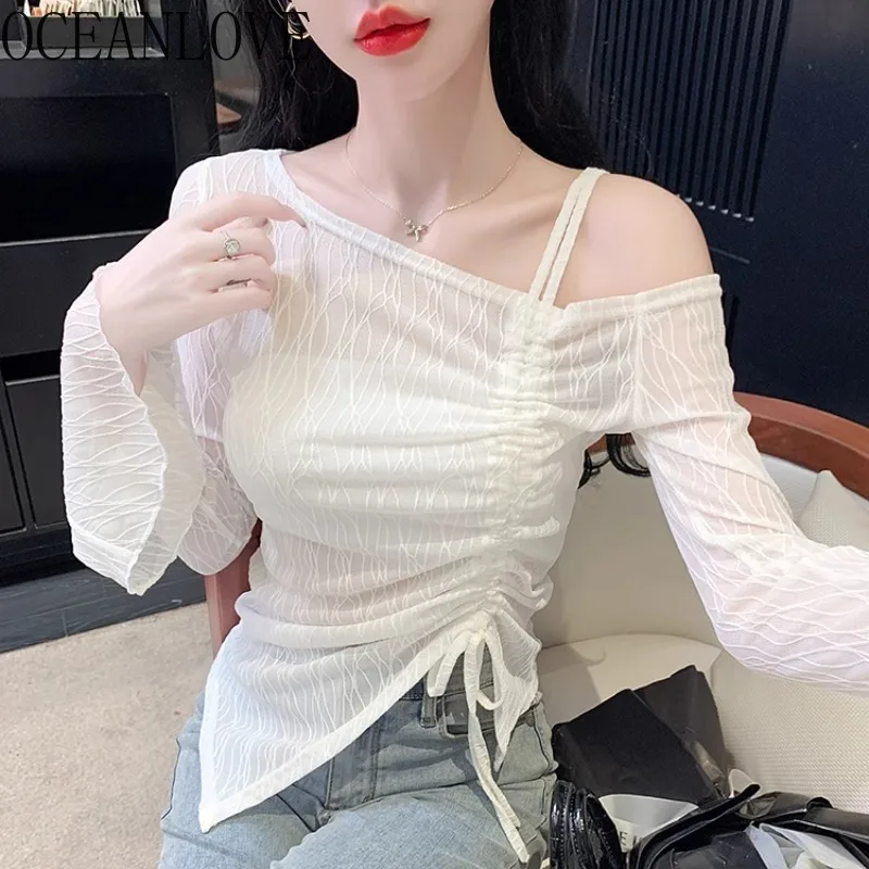 OCEANLOVE Lace Flare Sleeve Women Shirts&blouses Women Tops Skew Neck Solid Spring Autumn Ropa De Mujer Elegant Short Tees