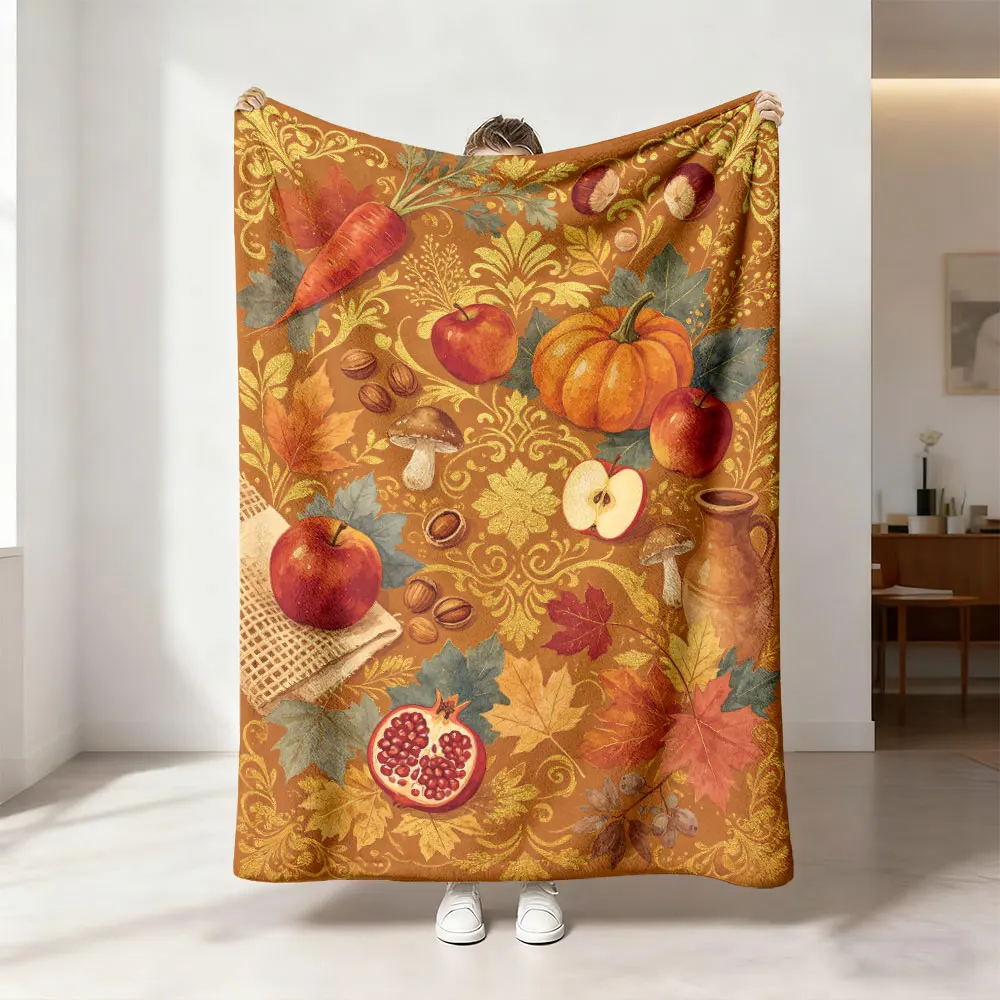 Vintage Autumn Fruit Vegetable Nut Print Flannel Blanket Multi Sizes Portable Sofa Throw Soft Nap Blanket For Office Break D