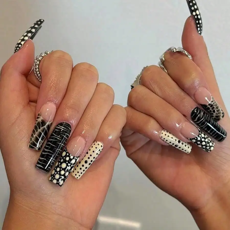 24Pcs Long French Black Crocodile Dot Press On Nails, Gothic, Reusable, Jelly Glue & Nail File, Free Shipping