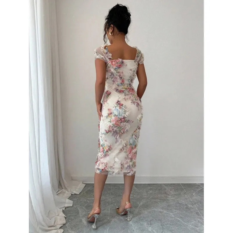 Prom Dress Evening Wedding Guest Party Dresses Long Floral Print Maxi Dress Off Shoulder Ruffle Trim Dress High Waist Sheer