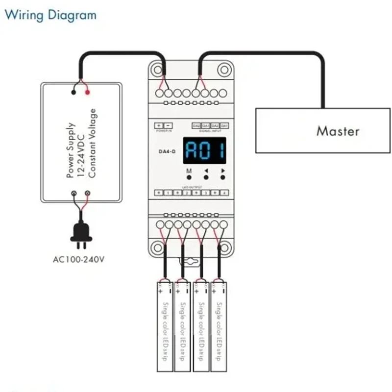 12-24VDC CV Dimmer DA4-D (Din Rail)(DT6) 4Chx5a PMW Dimming 4 X (60-120)W Driver For Single Color RGBW Tape Strip Light