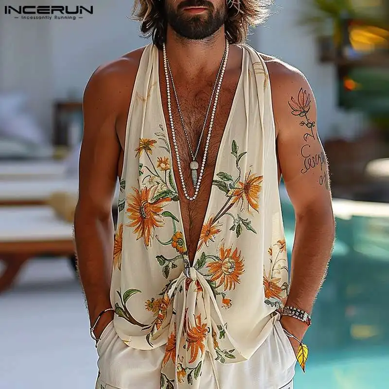 INCERUN Men's Tank Tops Printing V Neck Sleeveless Lace Up Casual Male Vests Summer Streetwear 2024 Fashion Men Clothing S-5XL